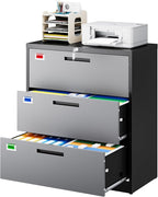 PEUKC 3 Drawer File Cabinet, Lateral Filing Cabinets for Home Office, Office Storage Drawers with Lock, Hanging Files Legal/Letter A4 Size (Assemble Required,Black Grey)