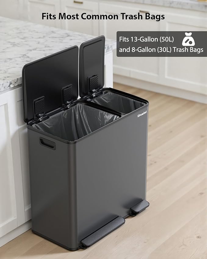 Lovewind Dual Trash Can, 14 + 6 Gallon Garbage Can for Kitchen Dual Compartment Recycling Kitchen Step Trash Bin, Stainless Steel Trash and Recycle Bin Combo with Soft-Close Lid, Grey