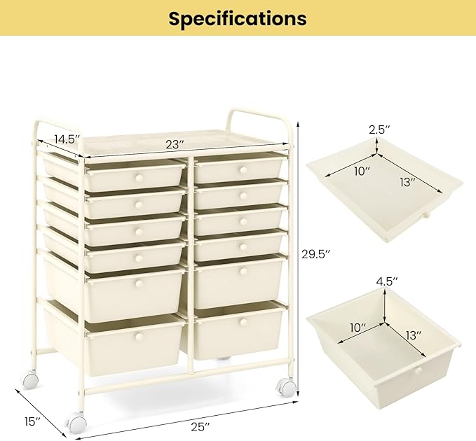 Giantex 12 Drawers Rolling Storage Cart, Classroom Organizers with Wheels for Tools Scrapbook Craft Paper Teacher Office School Supplies (Ivory)