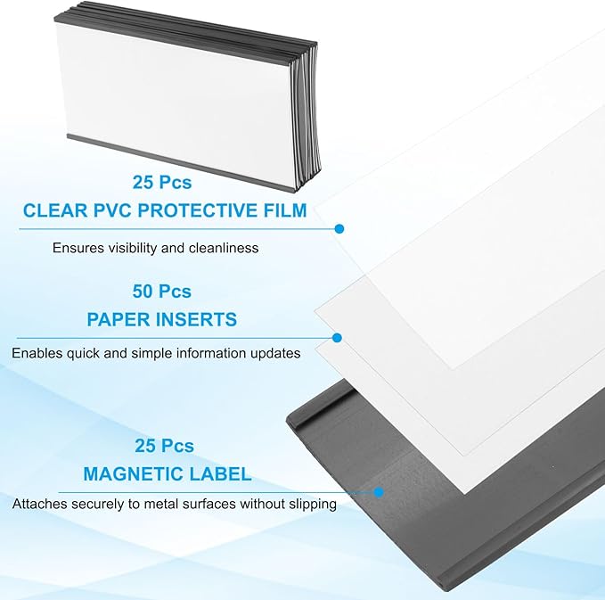 PATIKIL Magnetic Label Holder 6" x 3" with Paper Inserts, 25 Pcs C Channel Magnetic File Cabinet Labels Shelf Data Card Holder Signs for Metal Racks Shelves Whiteboard Tool Box