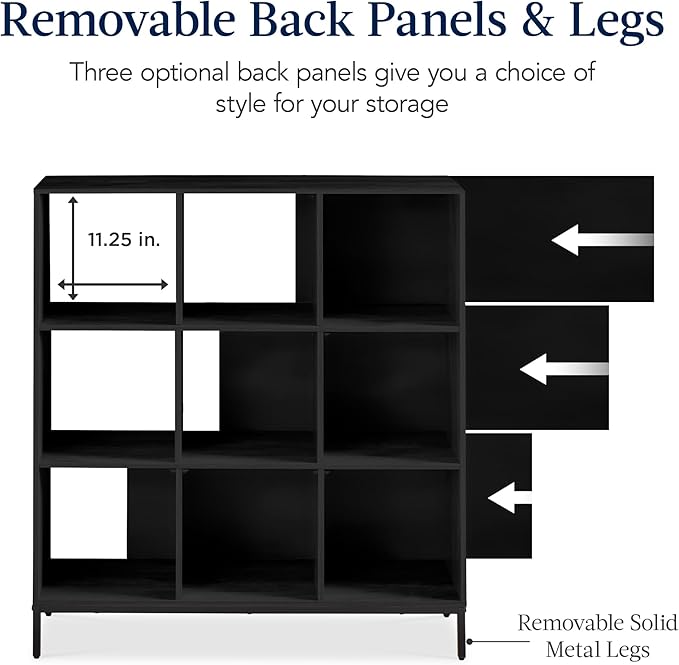 Best Choice Products 9-Cube Bookshelf, 3-Tier Wood Storage Bookcase W/Legs, 11in Shelf Opening, Cube Organizer, Living Room, Office, Nursery – Black