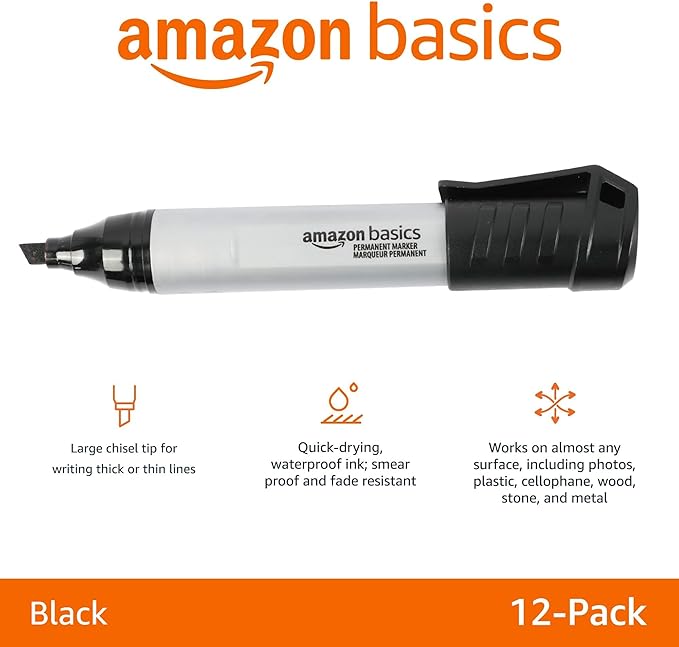 Amazon Basics Large Chisel Tip Permanent Markers, Black, 12-Pack
