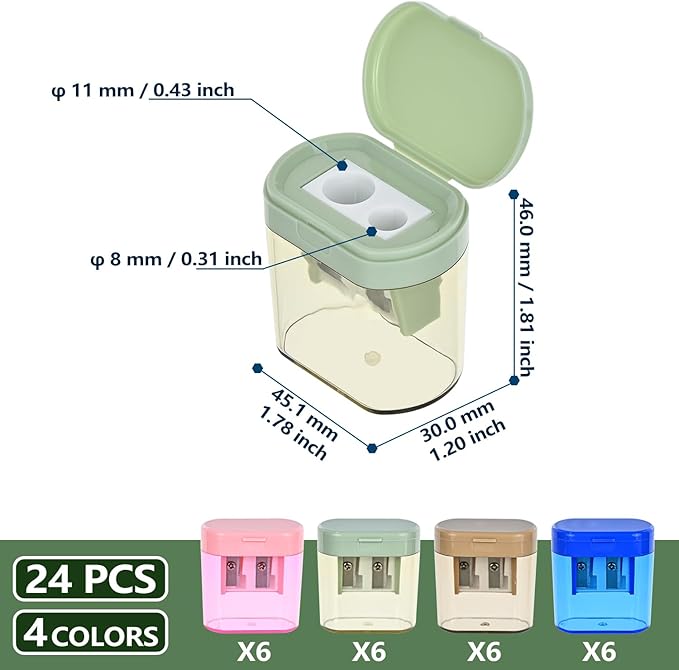 Small Pencil Sharpener for Kids, BOPART 24pcs Colored Pencil Sharpeners Manual Handheld Pencil Sharpener in Bulk for School Classroom Home Office, Dual Holes Sharpener Work on Crayon or Makeup Pencils