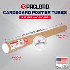 Paclord 4" x 60" Heavy-Duty Reinforced Cardboard Mailing Tube, Pack of 4 Tubes with 8 Caps – Secure USPS Approved – Great for Shipping and Storing of Prints, Artwork, Posters or Documents