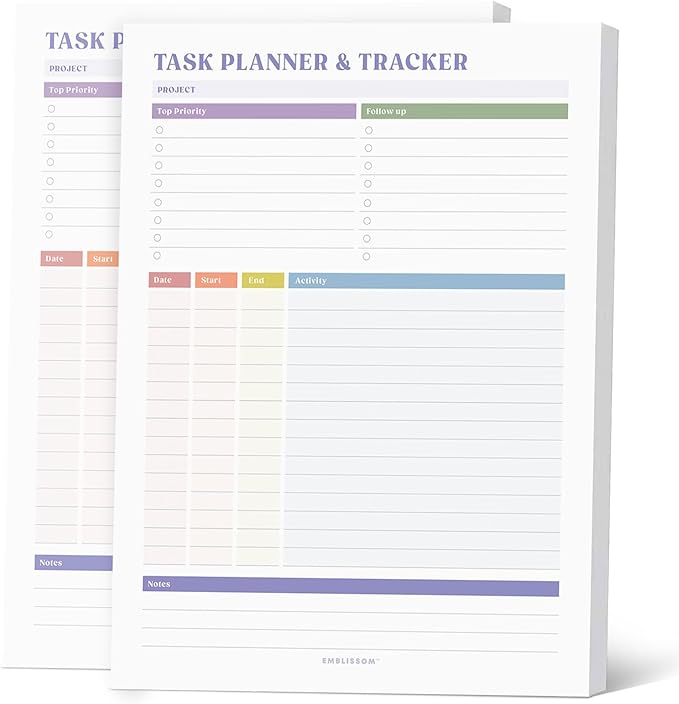 Task Planner & Tracker 8.5 x 11 Tear-Off 70 Sheet Planner Pad – Project Organizer with Time Log, Top Priority, Follow-Up – Notepad for Home & Office (White, Colorful, 2 Pack)