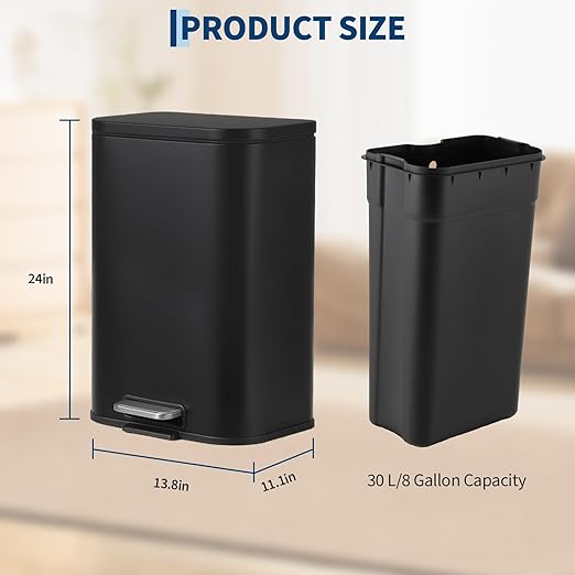 Takywep 8 Gallon Brushed Stainless Steel Trash Can with Soft-Close Lid, 3.2/5.3/8/13.2 Gallon Smudge-Resistant Compact Garbage Bin for Kitchen, Bathroom, Office - Black & White