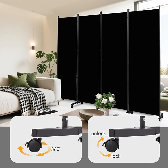 Room Divider (4 Panel) Wall Divider for Room Separation, 88 inch Wide Portable Privacy Screens W/Wheels, Metal Frame Freestanding Room Separators 5.6FT Room Partitions and Dividers