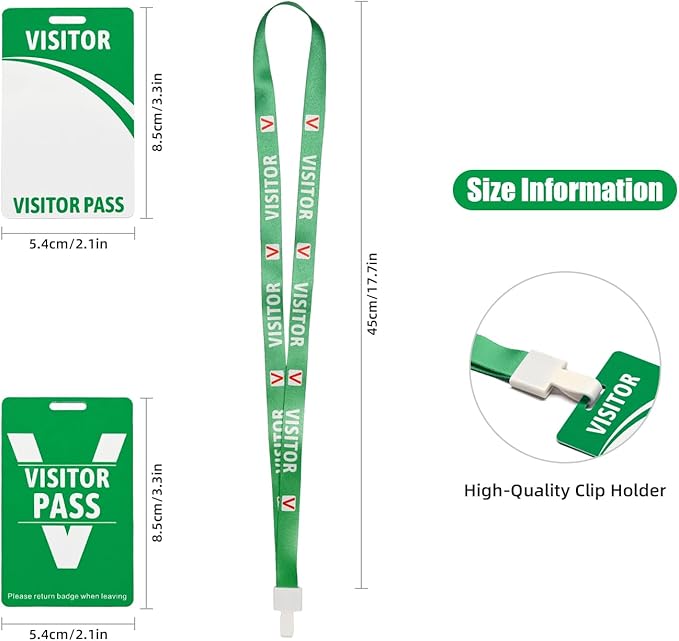 Visitor Badge Lanyards Volunteer Badge Holder with Clips (25 pcs) - Reusable Temporary ID Pass for Office, School, Events PVC Plastic Security Cards for Exhibition Guest by OSTENBIG (Green)