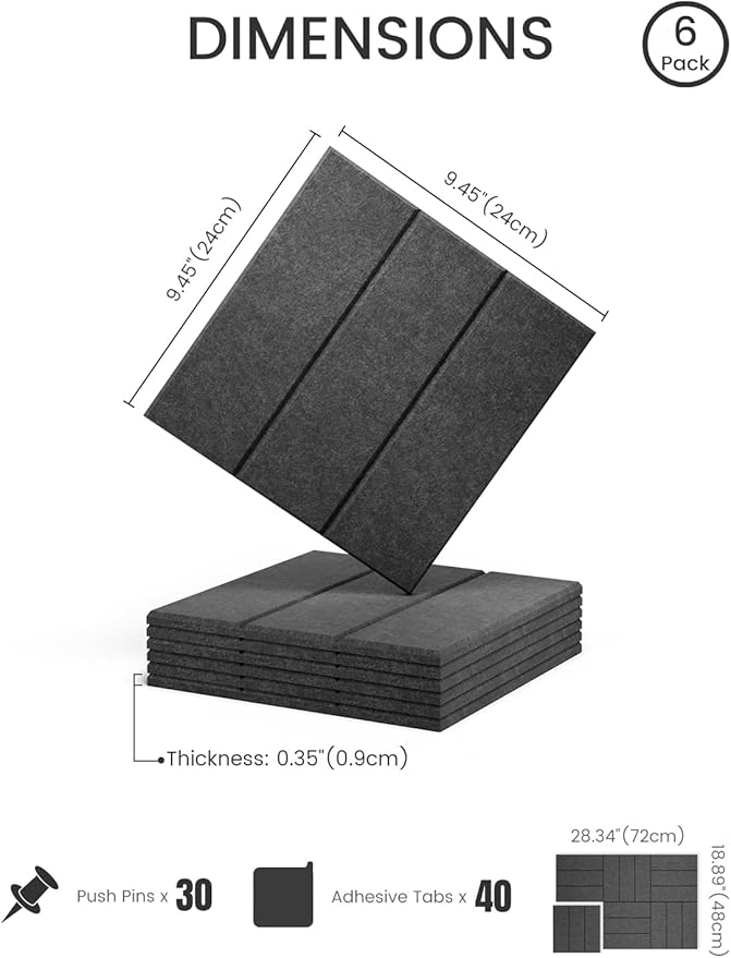 Fluxynara Felt Bulletin Board Tiles -28"x18" with 40 Adhesive Tabs, Cork Board Alternative for Office Decor, Push Pin Board Wall Organizer 6-Pack(Charcoal Gray)