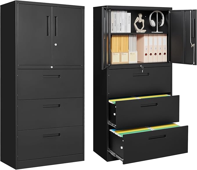 PEUKC 3-Drawer Metal File Cabinet, Lateral Vertical Filing Cabinets for Home Office, Locking File Cabinets with Storage Shelves, Legal/Letter/A4 Size Office File Cabinet (Black, Assemble Required)