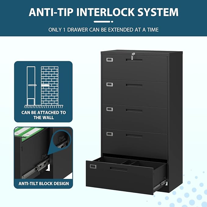 MIIIKO Lateral File Cabinet with Lock, 5 Drawer Metal File Cabinets 35.4" Wide, Home Office Locking Filing Cabinets for Legal Letter File Folders