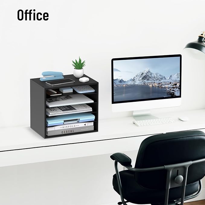 SHARKWOODS 5-Tier Wood Desk Organizer, Paper Tray Organizer for Desk with Adjustable Storage Shelves, Desktop File Organization Paper Sorter Mail Holder for Office Home Classroom, Black