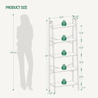 Hzuaneri Ladder Shelf, Bookshelf Bookcase, Freestanding Corner Storage Shelve with 2 Hooks for Home Office, Living Room, Kitchen, Bedroom, Industrial, 11.8" D x 23.6" W x 63" H, Rustic Brown BC19301B