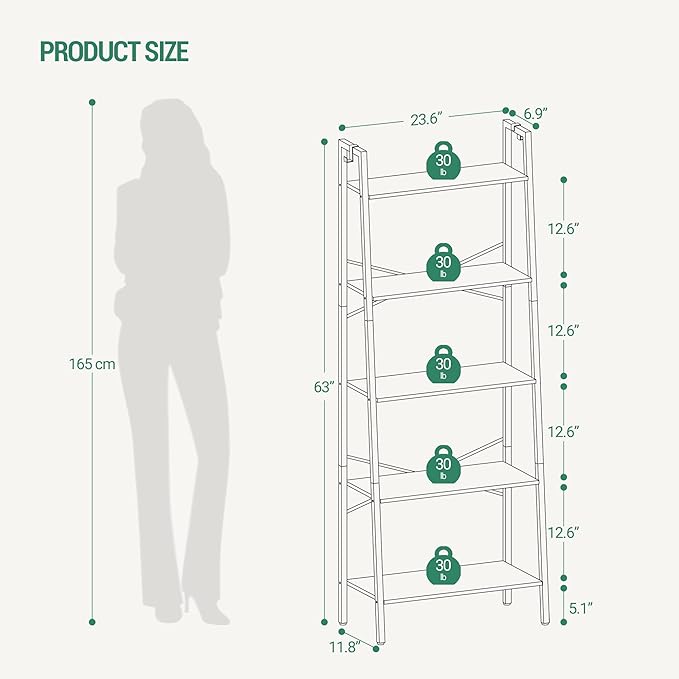 Hzuaneri Ladder Shelf, Bookshelf Bookcase, Freestanding Corner Storage Shelve with 2 Hooks for Home Office, Living Room, Kitchen, Bedroom, Industrial, 11.8" D x 23.6" W x 63" H, Rustic Brown BC19301B