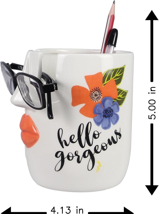 Young's Inc Ceramic Eyeglass and Stationery Holder Cup – White Face Desk Organizer with Sunglass Stand, 5 InchMulti-Purpose Accessories Organizer for Home, Office, Vanity, or Nightstand Decor