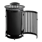 Zedfire 45 Gallon Black Waste Bin with Lid and Door, Outdoor Heavy-Duty Commercial Trash Can Steel Slatted, Round Recycle Container, Durable Garbage Can for Parks, Municipalities, Parking, Schools
