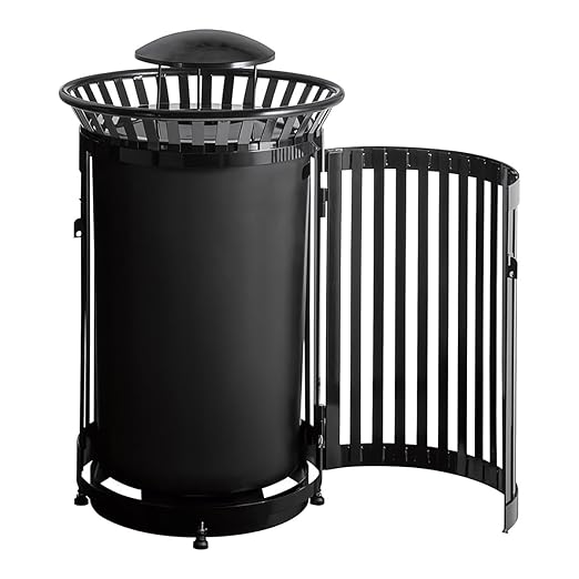 Zedfire 45 Gallon Black Waste Bin with Lid and Door, Outdoor Heavy-Duty Commercial Trash Can Steel Slatted, Round Recycle Container, Durable Garbage Can for Parks, Municipalities, Parking, Schools