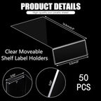 Containlol 50 Pcs Moveable Shelf Label Holders, Clear Bookshelf Label Library Shelf Markers Bookshelf Divider Tags for Library Office Classroom Home(6.5 x 2 x 1 Inch)