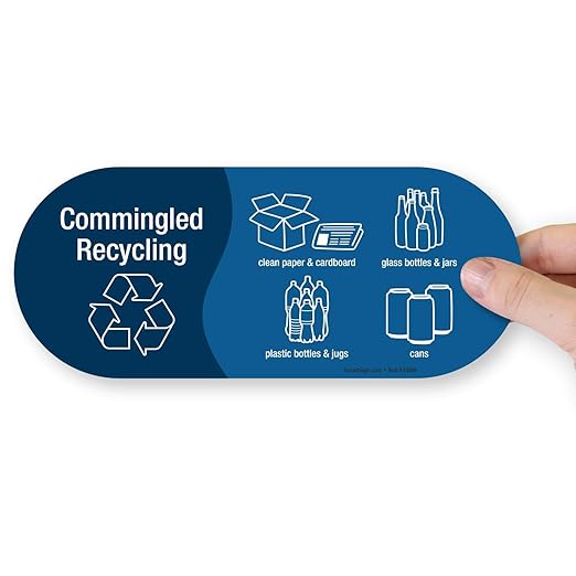 SmartSign (Pack of 4) 3.75 x 9 inch “Commingled Recycling” Sticker Labels with Symbols, 5 mil Laminated Polyester with SuperStick Adhesive, Blue and White, Made in USA