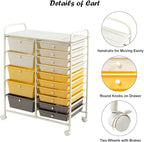LDAILY 15 Drawer Rolling Storage Cart, Rolling Cart with Drawers for Classroom, Art Supply Craft Organizer on Wheel with Metal Frame & Handles for Home Office School
