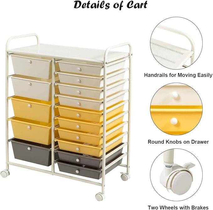 LDAILY 15 Drawer Rolling Storage Cart, Rolling Cart with Drawers for Classroom, Art Supply Craft Organizer on Wheel with Metal Frame & Handles for Home Office School