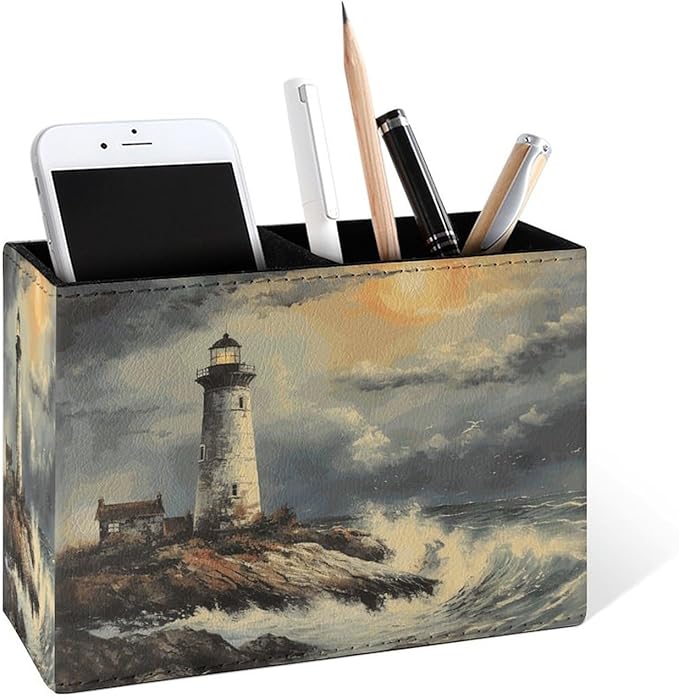 Famame Lighthouse Vintage Sea Pencil Holder for Desk, Leather Desktop Container Pen Cup Storage Study Table Pen Organizer Makeup Brush Holder for Classroom Office Home