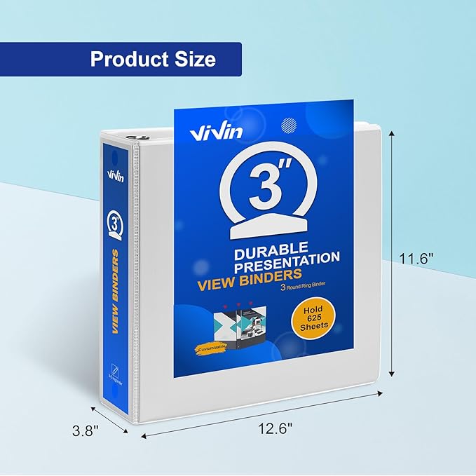 ViVin 3 Ring Binder 3 inch with Clear View Cover, Large 3" Round Ring for Strength, Holds 600 Sheets of US Letter Size Paper, Office Home School, 10 Pack (White)
