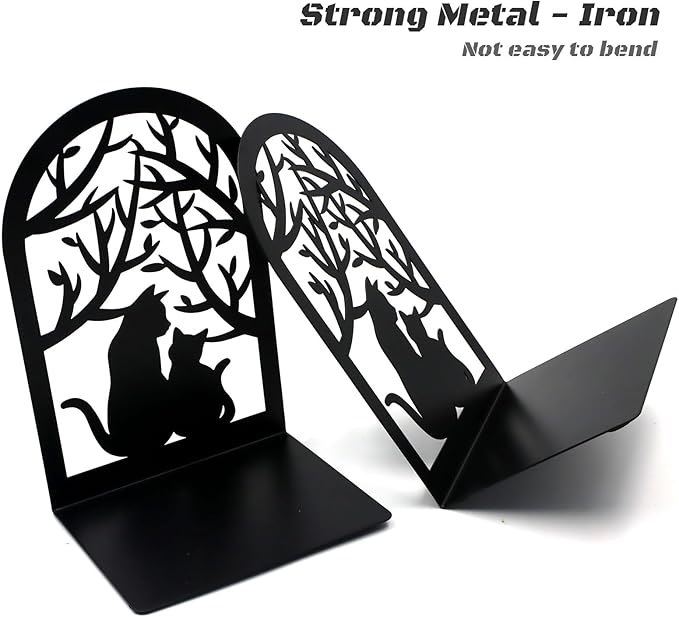 Book Ends, Bookends, Metal Bookend, Cat Decorative Bookends, Bookends for Shelves, Home Decorative Bookends for Heavy Books, Black Non-Skid Book Stopper, 7 x 4.7 x 4 inch (2 Pair)