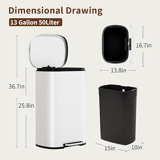 PayLessHere Stainless Steel Trash Can with Lid - Removable Inner Bucket, Foot Pedal Soft Close for Office, Home, Kitchen (White, 13 G)