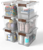 WYT 6-Pack Clear 7 Quart Storage Latch Box/Bins, Plastic Stackable Latching Box with Brown Handle and Lid, Multi-Purpose, 7 Litre