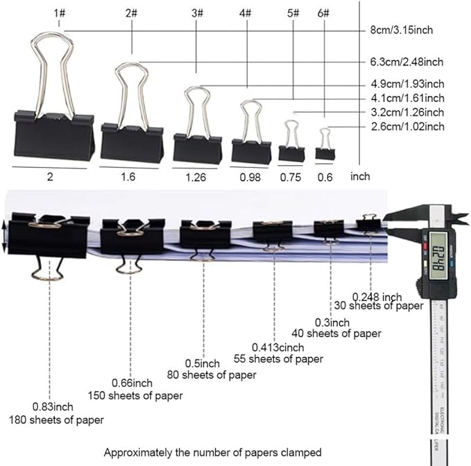 200PCS Binder Clips Paper Clamps Assorted Sizes (Black), Jumbo, Large, Medium, Small, Mini and Micro,6 Sizes with Box for Office, School and Home