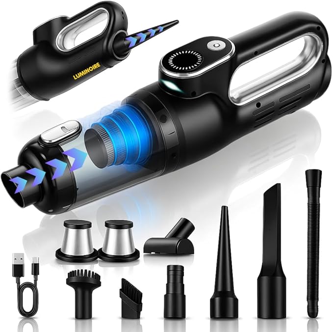 Luminoire Car Vacuum Portable Cordless, 18500Pa Cordless 2-in-1 Vacuum & Air Duster, 5000mAh Battery, 130W Brushless Motor, Handheld with LED Light, Multi Nozzles for Car, Home, Office, Pet