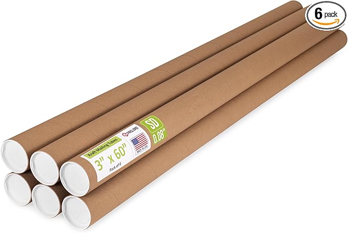 Paclord 3" x 60" Reinforced Kraft Paper Mailing Tube, Pack of 6 Tubes with 12 Caps – Secure USPS Approved Poster Tube – Cardboard Tube for Shipping and Storing Posters, Prints, Artwork, or Documents