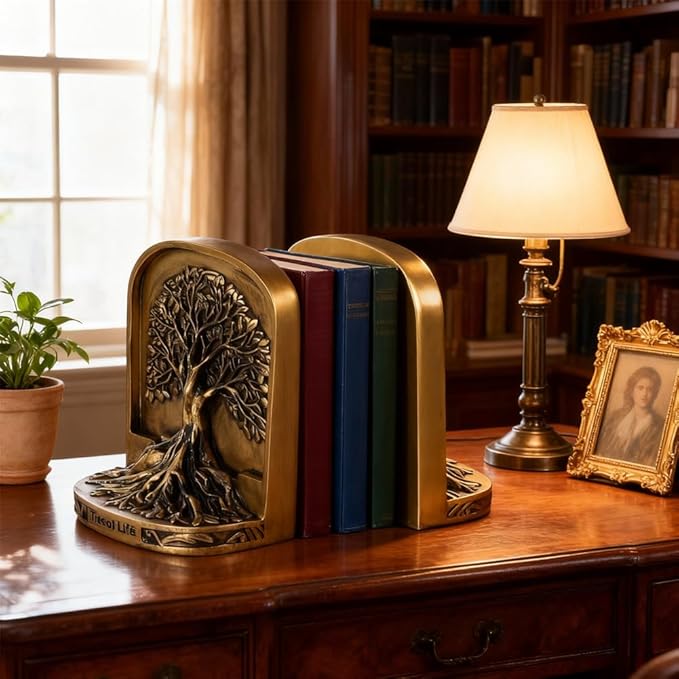 Resin Tree of Life Bookends Set, 2Pcs Decorative Non-Skid Book Ends for Heavy Books, Shelves, Bookcase or Desk - Antique Bronze Color Home Décor Gift, Library and Office Decor