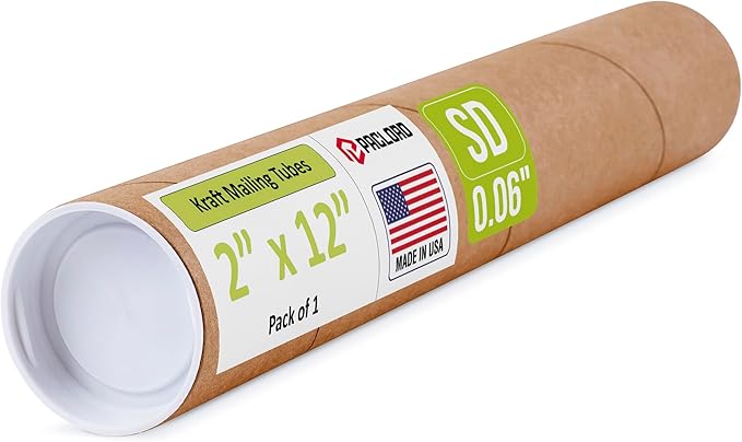 Paclord 2" x 12" Reinforced Kraft Paper Mailing Tube, Pack of 1 Tube with 2 Caps – Secure USPS Approved Poster Tube – Cardboard Tube for Shipping and Storing Posters, Prints, Artwork, or Documents