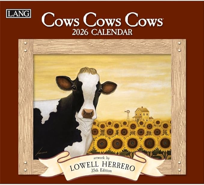 Lang Cows Cows Cows 2026 Wall Calendar – 13.4" × 12", 12-Month Calendar with Stapled Binding, Linen-Embossed Art by Lowell Herrero, Whimsical Farm Animal Imagery