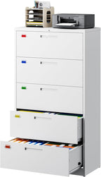 PEUKC 5 Drawer File Cabinet, Lateral Filing Cabinets for Home Office, Office Storage Drawers with Lock, Hanging Files Legal/Letter A4 Size (Assemble Required,White)
