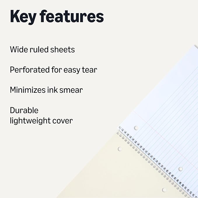 Amazon Basics Wide Ruled Spiral Notebook, 70 Sheets, 8" x 10-1/2", Black, 2 pack