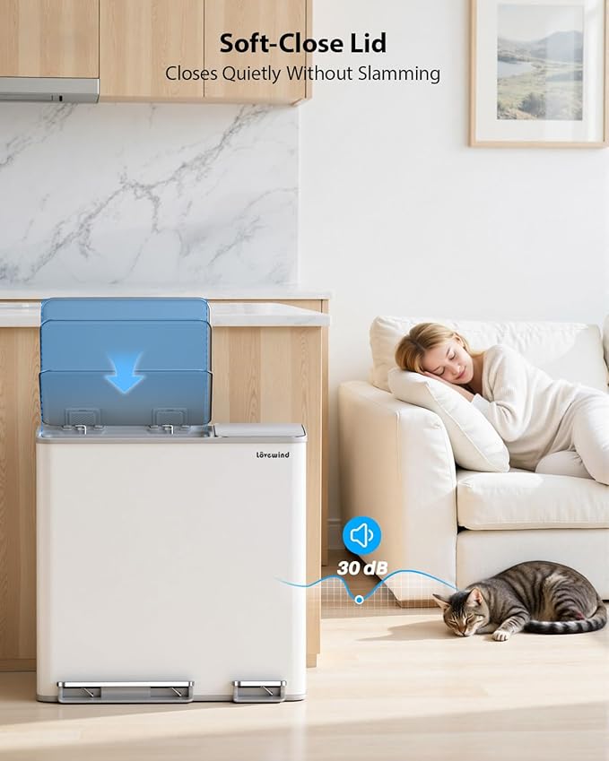 Lovewind Dual Trash Can, 14 + 6 Gallon Garbage Can for Kitchen Dual Compartment Recycling Kitchen Step Trash Bin, Stainless Steel Trash and Recycle Bin Combo with Soft-Close Lid, White
