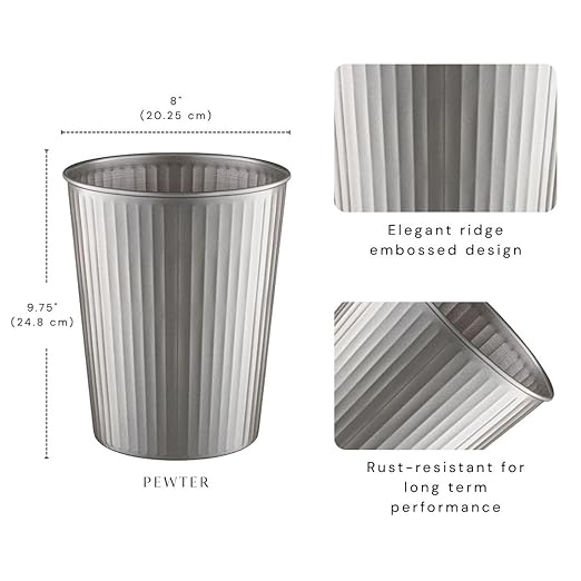 Monarch Abode Metal Bathroom Trash Can – Waste Basket for Bedroom, Office Desk, & Dorm, Handcrafted Ridge Embossed, Durable Decorative Pewter Small Trash Can Bathroom Garbage Bin Wastebasket