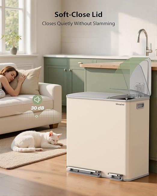 Dual Trash and Recycling Bins for Kitchen, 13.2 + 5.2 Gal (50+20L) Stainless Steel Trash and Recycle Bin Combo with Soft-Close Lid, Large Garbage Cans for Kitchen Home with 2 Magnets Sticker, Apricot