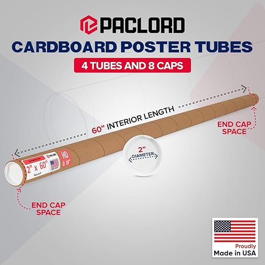 Paclord 2" x 60" Heavy-Duty Reinforced Cardboard Mailing Tube, Pack of 4 Tubes with 8 Caps – Secure USPS Approved – Great for Shipping and Storing of Prints, Artwork, Posters or Documents