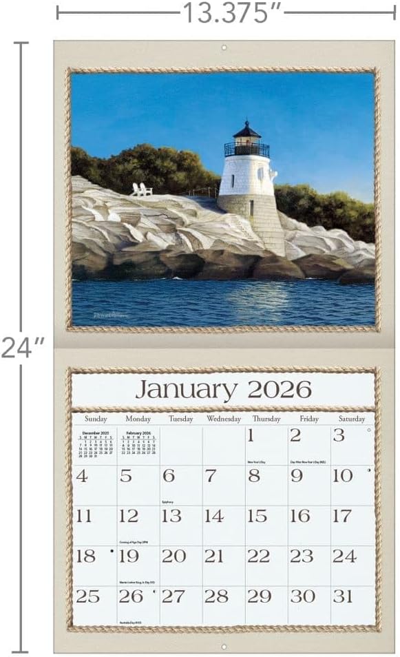 Lang Seaside 2026 Wall Calendar – 12-Month Calendar with Stapled Binding, Linen-Embossed Coastal Artwork by Daniel Pollera, 13.4" × 12"