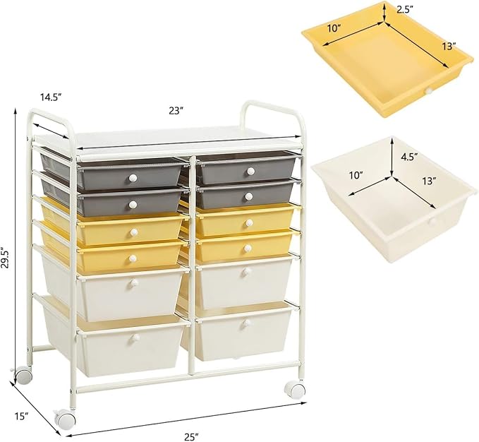 Happygrill 12-Drawer Rolling Storage Cart, Multipurpose Storage Cart W/Lockable Wheels, 2 Sizes Plastic Drawers & Metal Shelf, Mobile Utility Cart for Home Office School