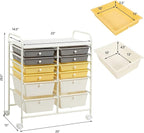 Happygrill 12-Drawer Rolling Storage Cart, Multipurpose Storage Cart W/Lockable Wheels, 2 Sizes Plastic Drawers & Metal Shelf, Mobile Utility Cart for Home Office School