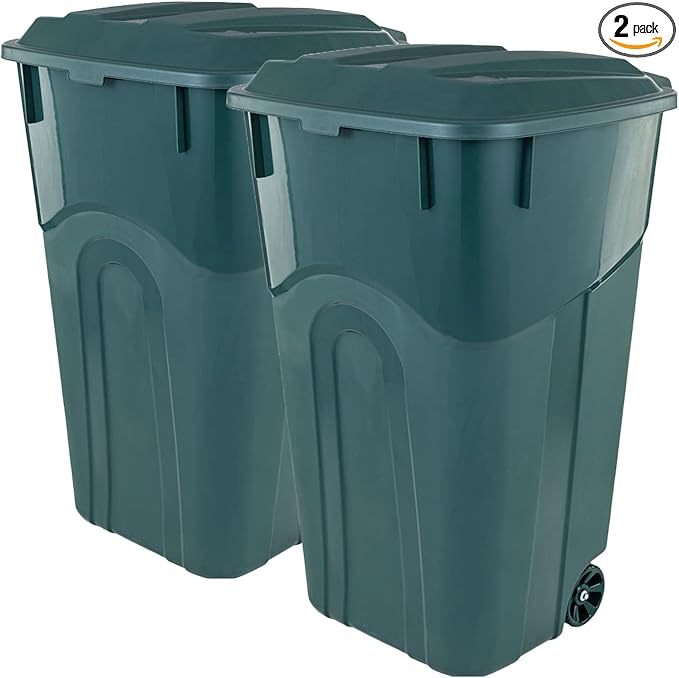 ECOSolution 32 Gallon Wheeled Outdoor Garbage Can with Attached Snap Lock Lid and Heavy-Duty Handles, ECO Green, Heavy-Duty Construction, Perfect Back Yard, Deck, or Garage Trash Can, Pack of 2