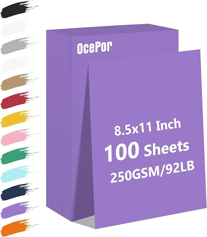 OcePor 100 Sheets Purple Cardstock Paper, Colored Printer Paper 8.5 x 11, Card Stock Thick Construction for Craft,Scrapbook，Office Printing, Invitations, Certificates，92 lb/250gsm