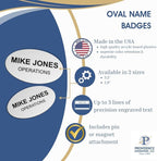 Custom Engraved Name Tag Badges – Personalized Identification with Pin or Magnetic Backing, 2.8 Inch Oval, Blue/White