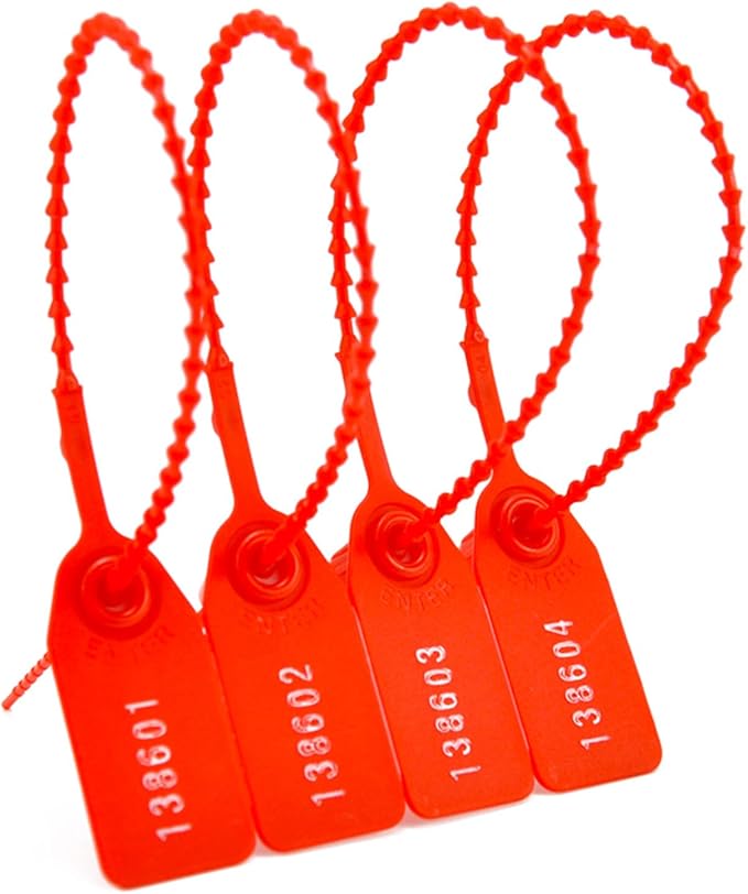 100Pcs Plastic Tamper Shipping Seals Pull-Tite Security Seal Signage Numbered Fire Extinguisher Tags Zip Ties Labels Disposable Self Locking for Logistics, Luggage,Transport (Red, 100pcs)
