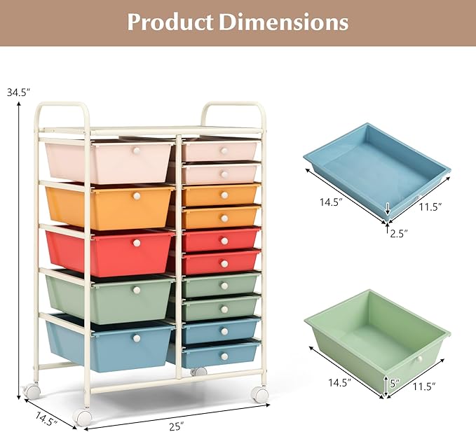 DORTALA 15-Drawer Rolling Storage Cart with Drawers, Rolling Utility Cart w/Removable Drawers & Universal Wheels, Tools Scrapbook Paper Organizer for School, Office, Home, Classroom (Macaroon Color)